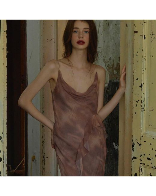 Belsize25 Brown Lumen Print Nude Silk Slip Short Dress