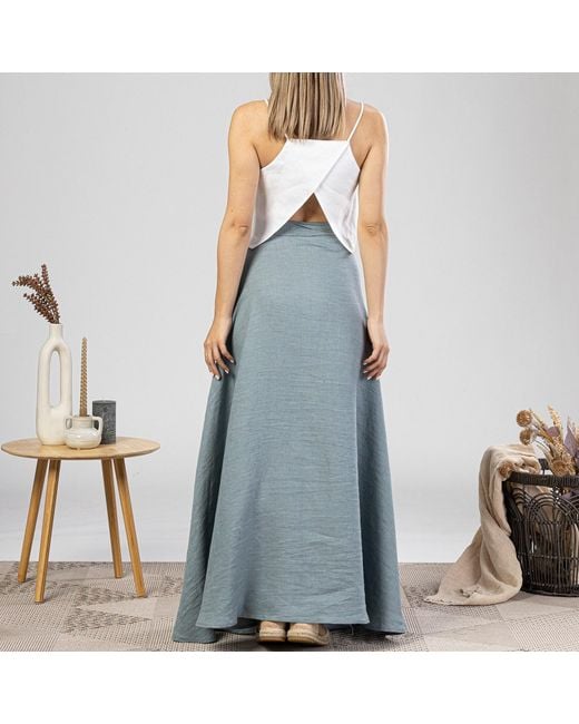 Nikka Place Blue Summer Beach Linen Wrap Skirt With Tie
