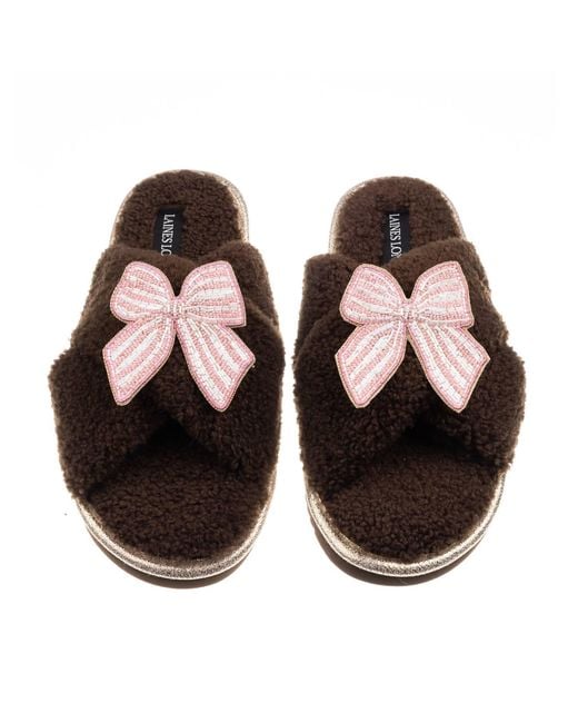 Laines London Black Neutrals Laines Neutral Boucle Slippers With Stripe Bow Brooches