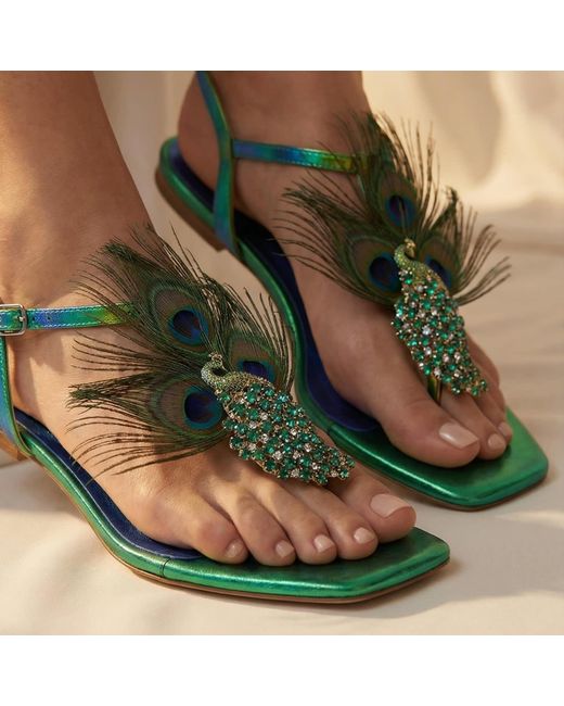 Sibylla Delphica Green Argus & Hera -Peacock Feathers Jeweled Leather Sandals