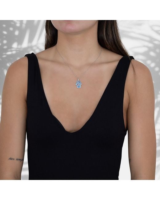 Ebru Jewelry Blue Sterling & Enamel Hamsa Hand Necklace