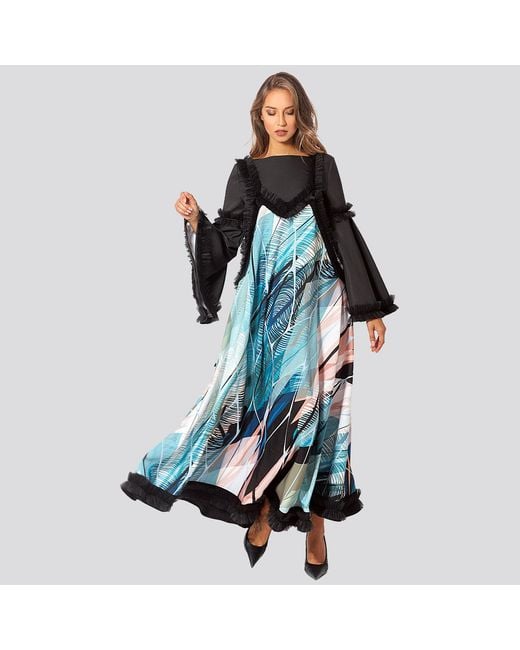 Maison Bogomil Blue Flared Maxi Dress, Edged With Tulle, With Tropical Print