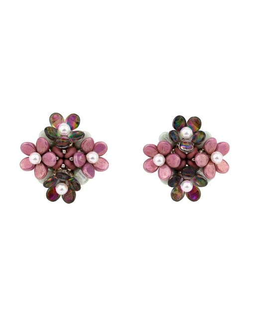 Oana Savu Red Glass Beads Sterling Studs Flowers Earrings