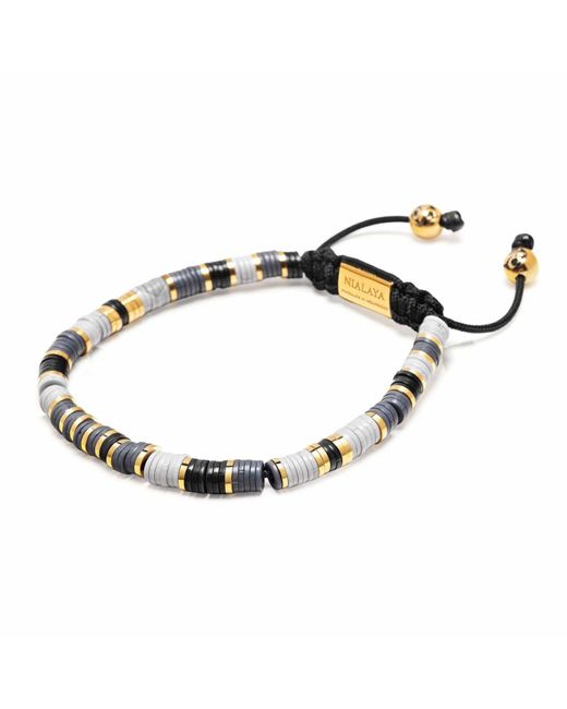 Nialaya Black Beaded Bracelet With Grey And Gold Disc Beads for men