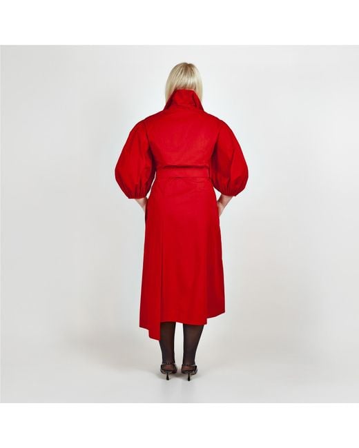 Femponiq Red Wide Lapel Asymmetric Belted Midi Cotton Dress