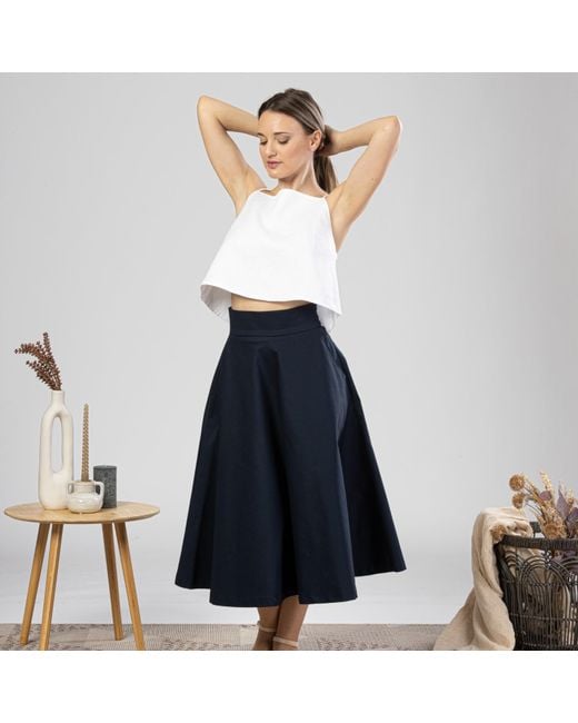 Nikka Place Blue Cotton Midi Flared Skirt With High Waist And Pockets