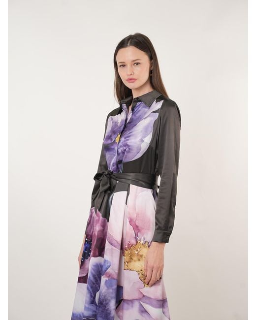 John Abgin Purple Satin Placement Print Floral Midi Shirt Dress