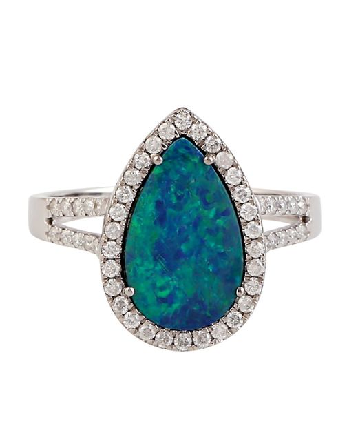 Artisan Multicolor Solid 18k White Gold Doublet Opal Pave Diamond Tear Drop Designer Ring Jewelry