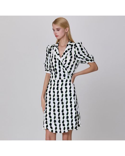 Smart and Joy Black Tailor Collar Graphic Print Short Warp Dress