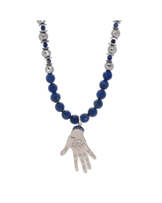 Ebru Jewelry Metallic Lapis Lazuli & Hematite Stone Sterling Hamsa Pendant Beaded Necklace