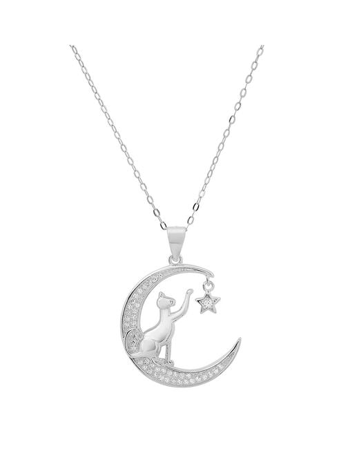 Kylie Harper Metallic Sterling Playful Kitty Cat Diamond Cz Moon Pendant Necklace