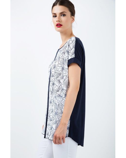 Conquista Blue Short Sleeve Panel Detail Floral Top