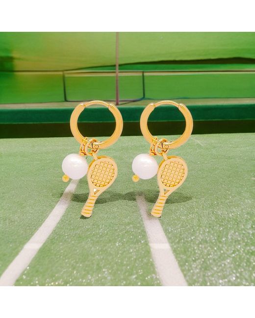 VALERIE CHIC Metallic Tennis Racket Ball Pearl 18K Hoop Earrings