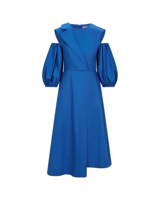 Femponiq Blue Asymmetric Lapel A-Line Cotton Dress