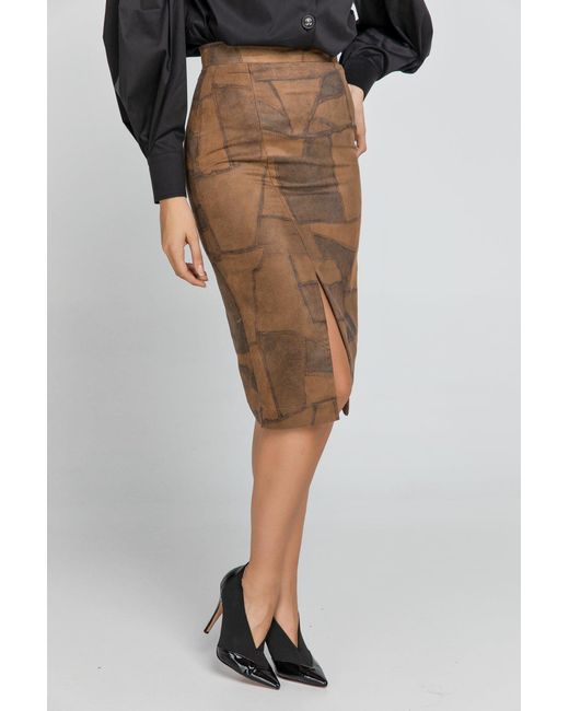 Conquista Brown Camel Patchwork Pencil Skirt