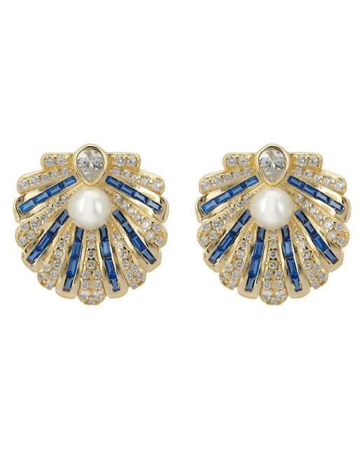 Latelita London Metallic Art Deco Scallop Shell Earrings Sapphire With Pearl