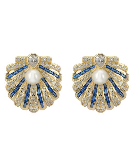 Latelita London Metallic Art Deco Scallop Shell Earrings Sapphire Blue With Pearl Gold
