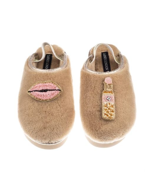 Laines London Brown Neutrals Flatform Cloud Closed Toe Slippers With Lips & Lipstick Brooches