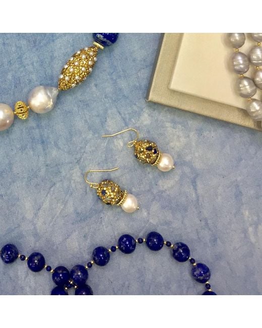 Farra Green Rhinestones Bordered Lapis With Freshwater Pearl Earrings