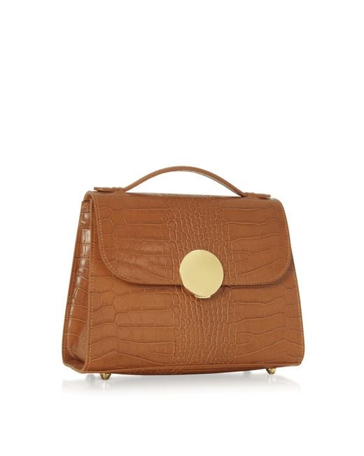 Le Parmentier Brown Bombo Croco Embossed Leather Top-Handle Satchel Bag W/Strap