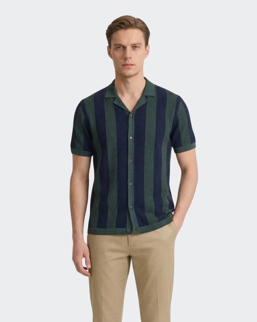 Vustra Blue Eclipse Stripe Flatknit Camp Shirt for men