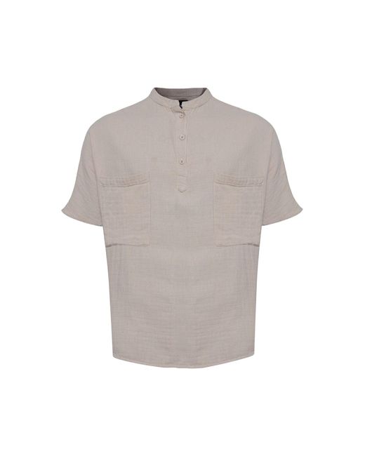 Monique Store Gray Linen Mandarin Neck Half Button, Two Chest Pockets Shirt Beige for men