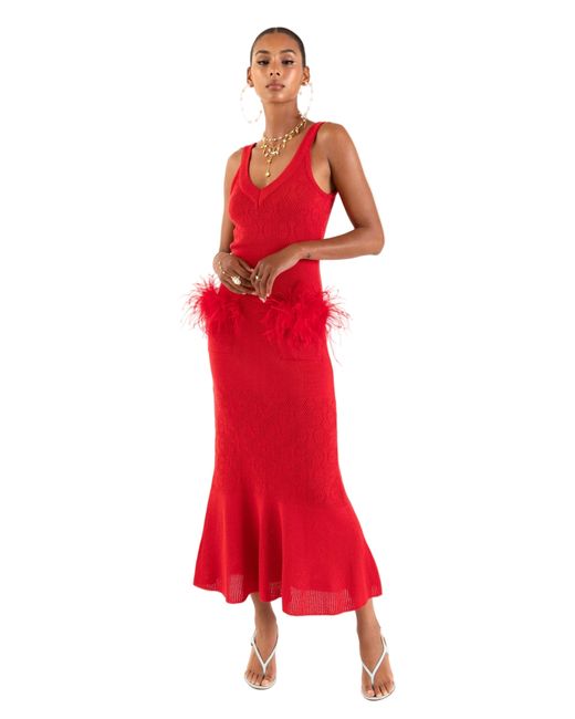 Andreeva Red Cherry Knit Dress With Real Ostrich Feather Details