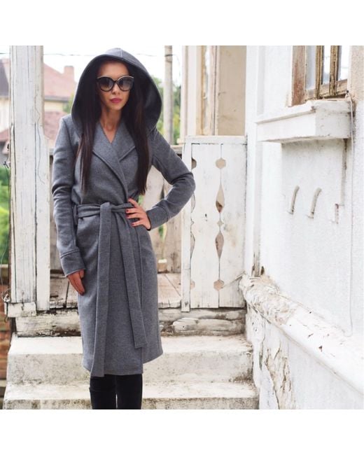 Adrenaline Fashion Blue Long Wool Coat With Hood And Belt – Handmade Designer Winter Overcoat