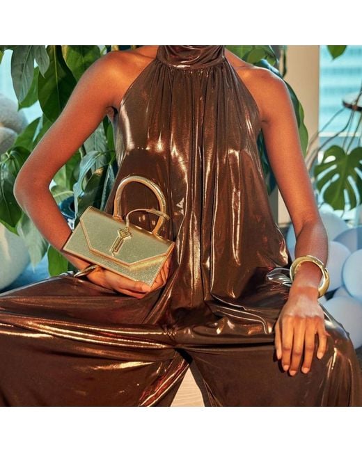 NALÈ Brown Bronze Metallic Wide Leg Halter Jumpsuit