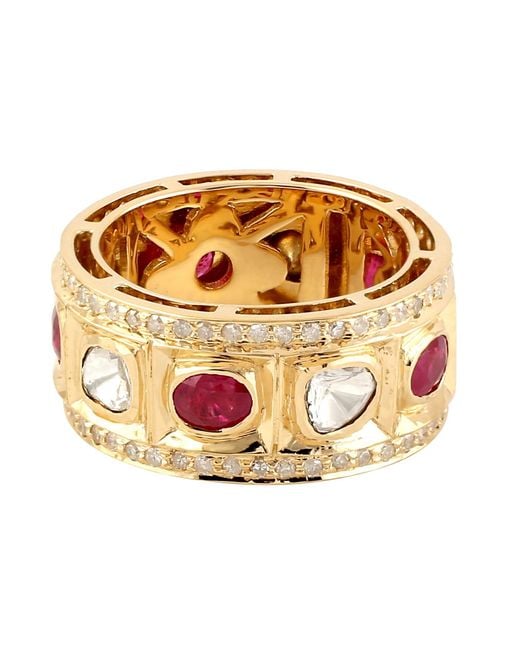 Artisan Metallic Natural Diamond Ruby Trendy Band Rings 18k Yellow Gold Handmade
