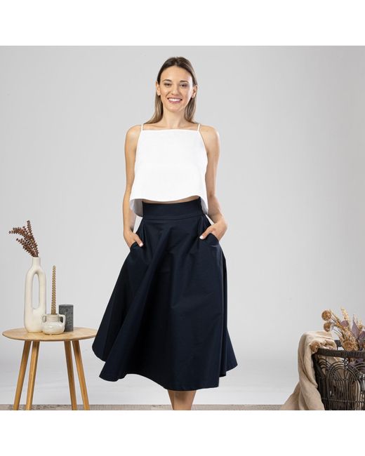 Nikka Place Blue Cotton Midi Flared Skirt With High Waist And Pockets