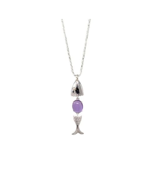 NASI SILVER Purple Swimming Neshama Fish Pendant- Amethyst & Freshwater Pearl