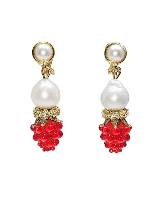 Farra Red Raspberry With Freshwater Pearls Clip On Earrings