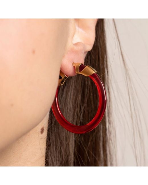 Gold & Honey Red Ruby Classic Flat Lucite Birthstone Hoop Earrings