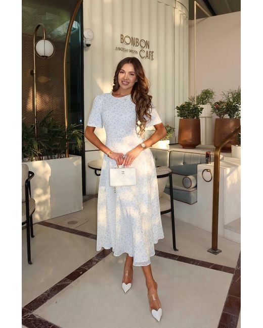 POST MERIDIEM White Light- Short Sleeve Floral Midi Dress