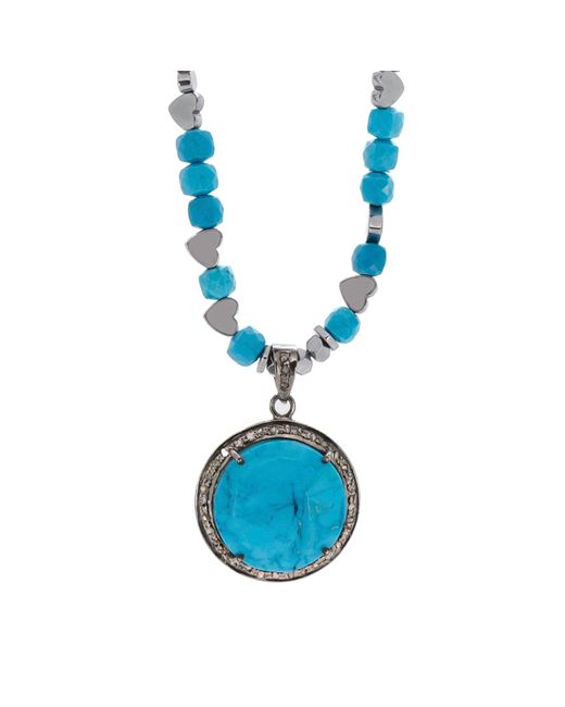 Ebru Jewelry Blue Pave Diamond & Turquoise Gemstone Pendant Silver Heart Hematite Stone Beaded Necklace