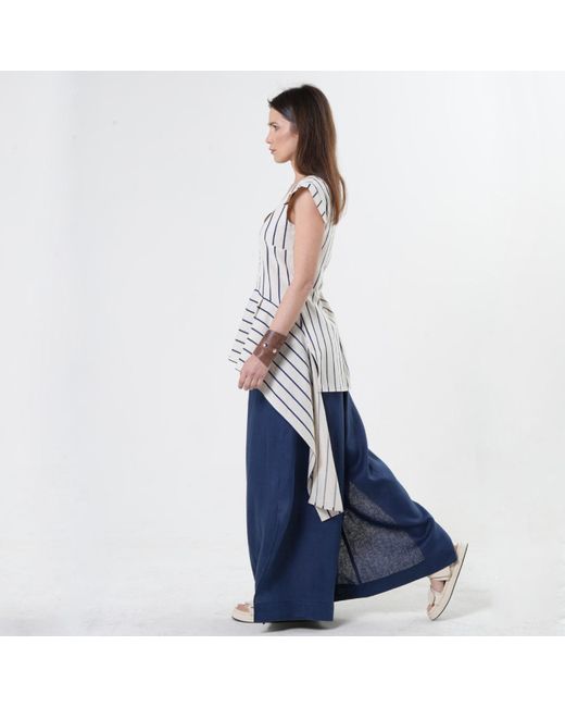 Metamorph Blue Asymmetric Linen Top On Stripes