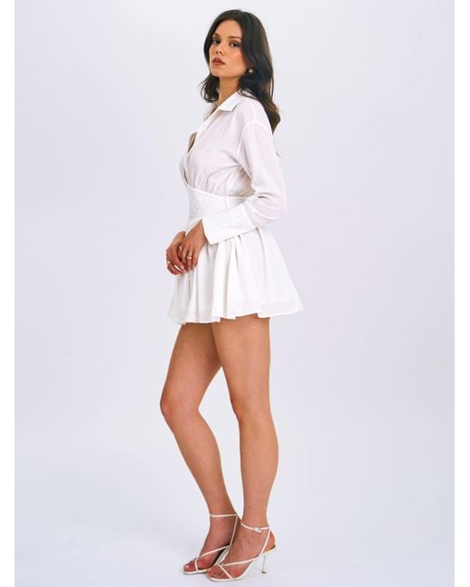 Miss Circle New York White Jamila Shirt Mini Dress With Embroidered Waist Detail