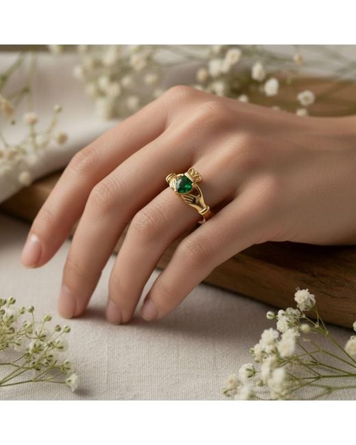 Seven Saints Yellow Claddagh Heart Ring Love, Friendship, Loyalty Emerald Zirconia And