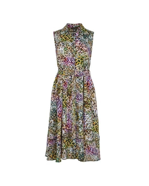 Conquista Green Animal Print Sleeveless Dress With Belt