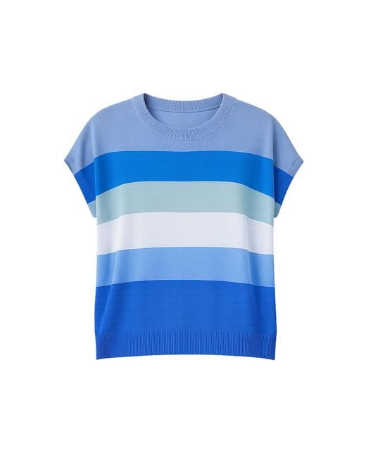 Yumi' Blue Block Stripe Relaxed Knitted Top