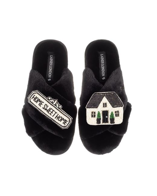 Laines London Black Classic Laines Slippers With Home Sweet Home Brooches
