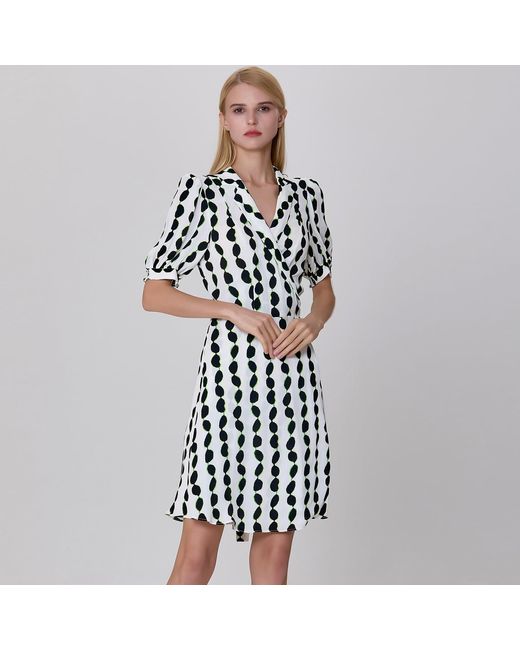 Smart and Joy Black Tailor Collar Graphic Print Short Warp Dress