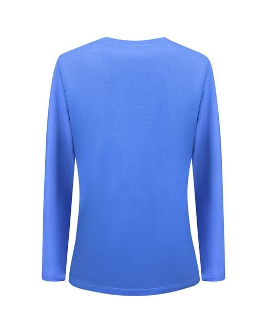 Perlavera Blue Tanya Solid Cotton Spandex Long Sleeve Length Crew Neck T-Shirt
