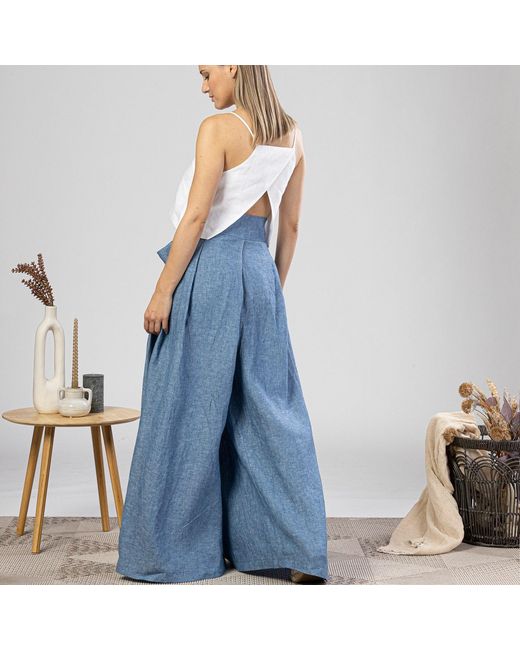 Nikka Place Blue Wide Leg Baggy Linen Pants With High Waist And Front Tie