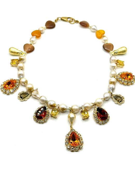 Achala Handcrafted Metallic Baroque Freshwater Pearl Crystal Drop Necklace