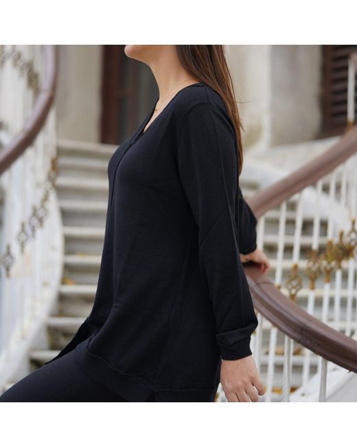 Nuvv Collection Black Asymmetric Merino Wool Sweater – Premium Italian Yarn