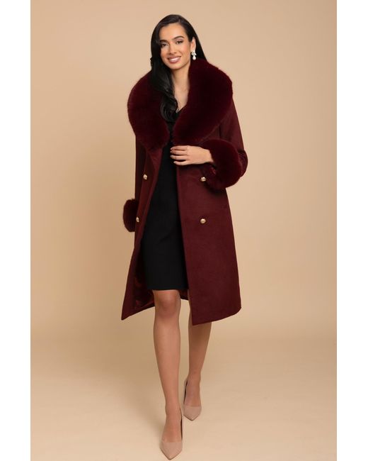 Santinni Red Luxurious Cashmere-Wool Coat With Faux Fur