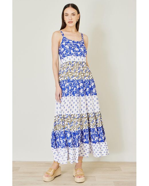 Yumi' Blue And Rayon Patchwork Print Tiered Maxi Dress