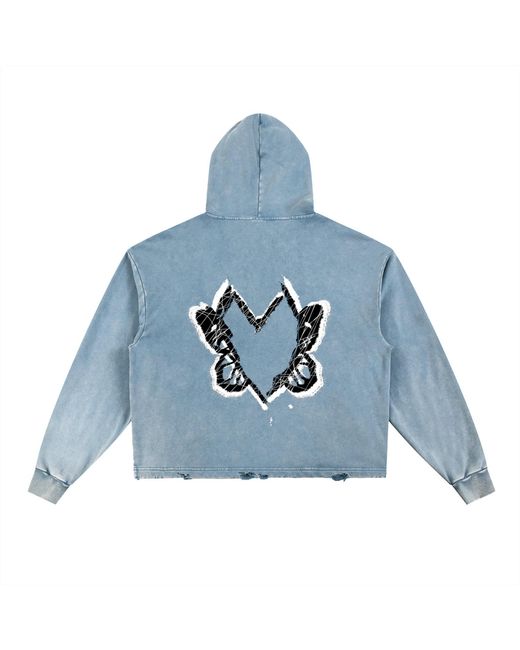 X Ilona Blue Blue Heart With Wings Mist Signature Streetware Distressed Hoodie